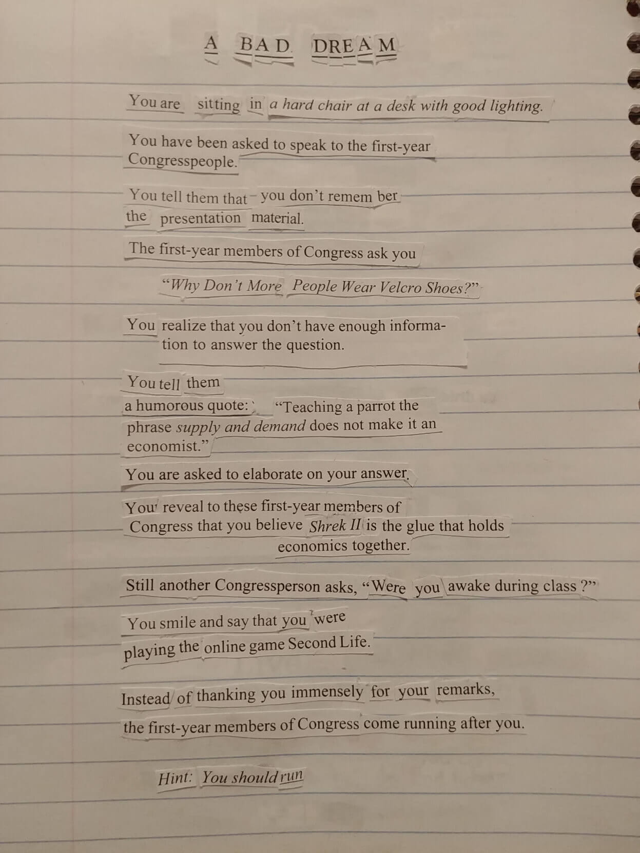 a poem collaged together from bits of text glued to lined paper, full transcription below