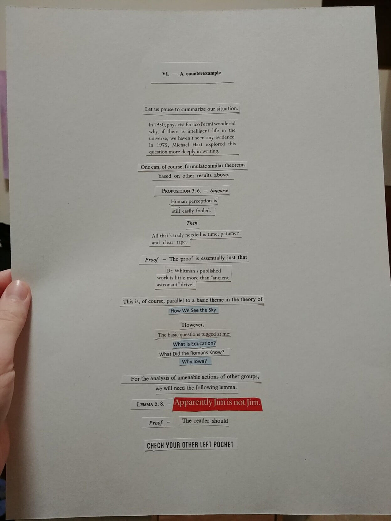 a poem collaged together from bits of text glued to white paper, full transcription below