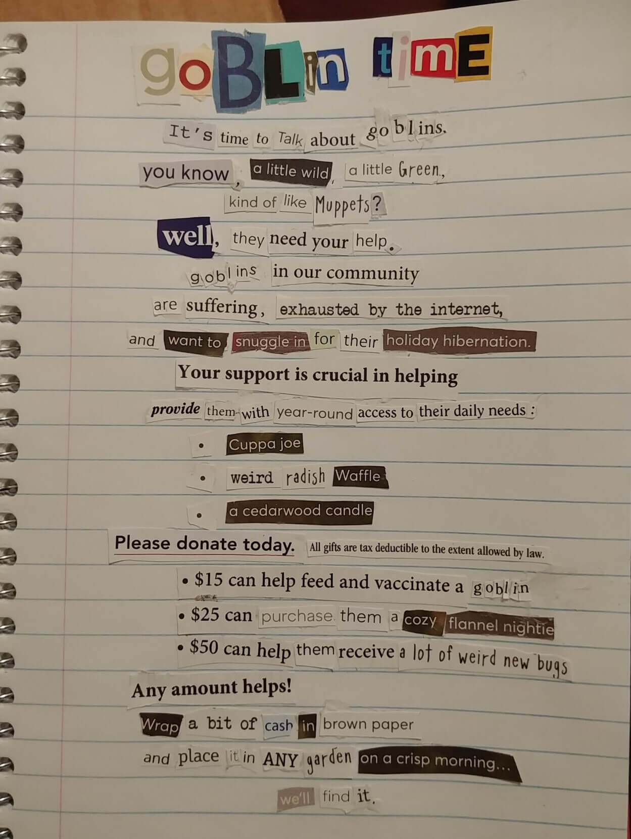 a poem collaged together from bits of text glued to lined paper, full transcription below