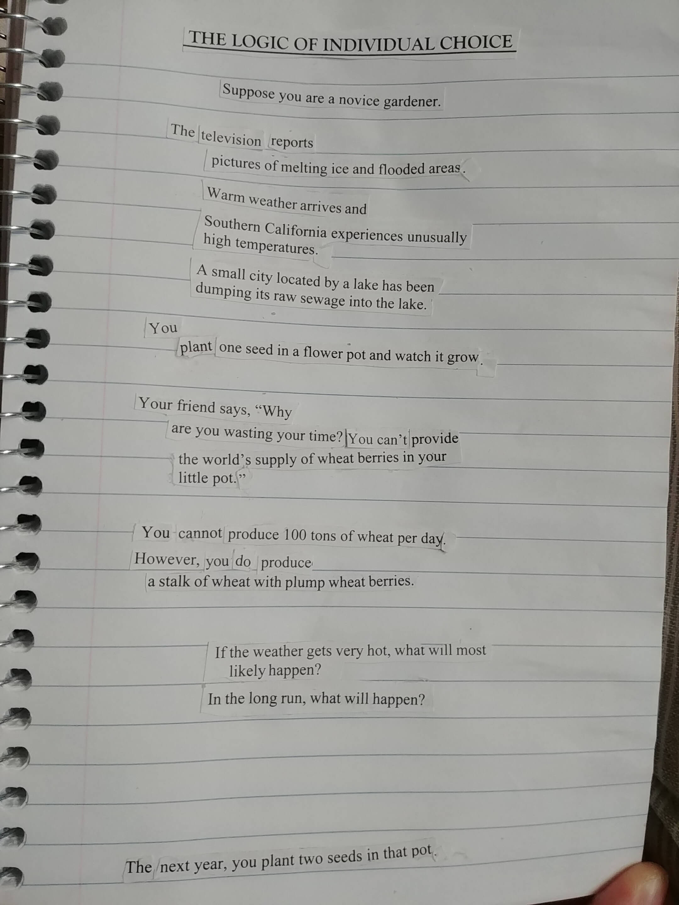 a poem collaged together from bits of text glued to lined paper, full transcription below