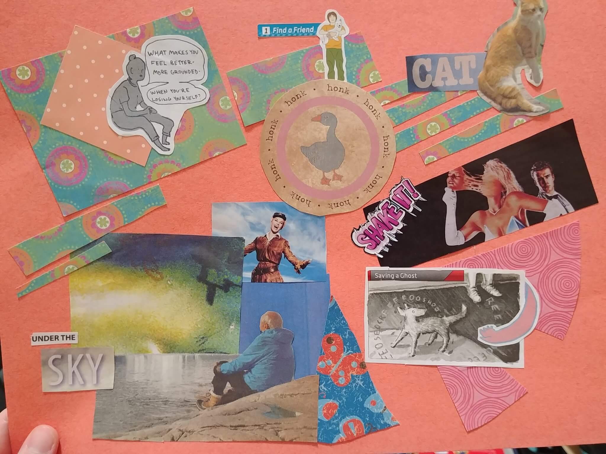 a collage of colorful snippets of text and images glued to orange construction paper, full description and transcription below