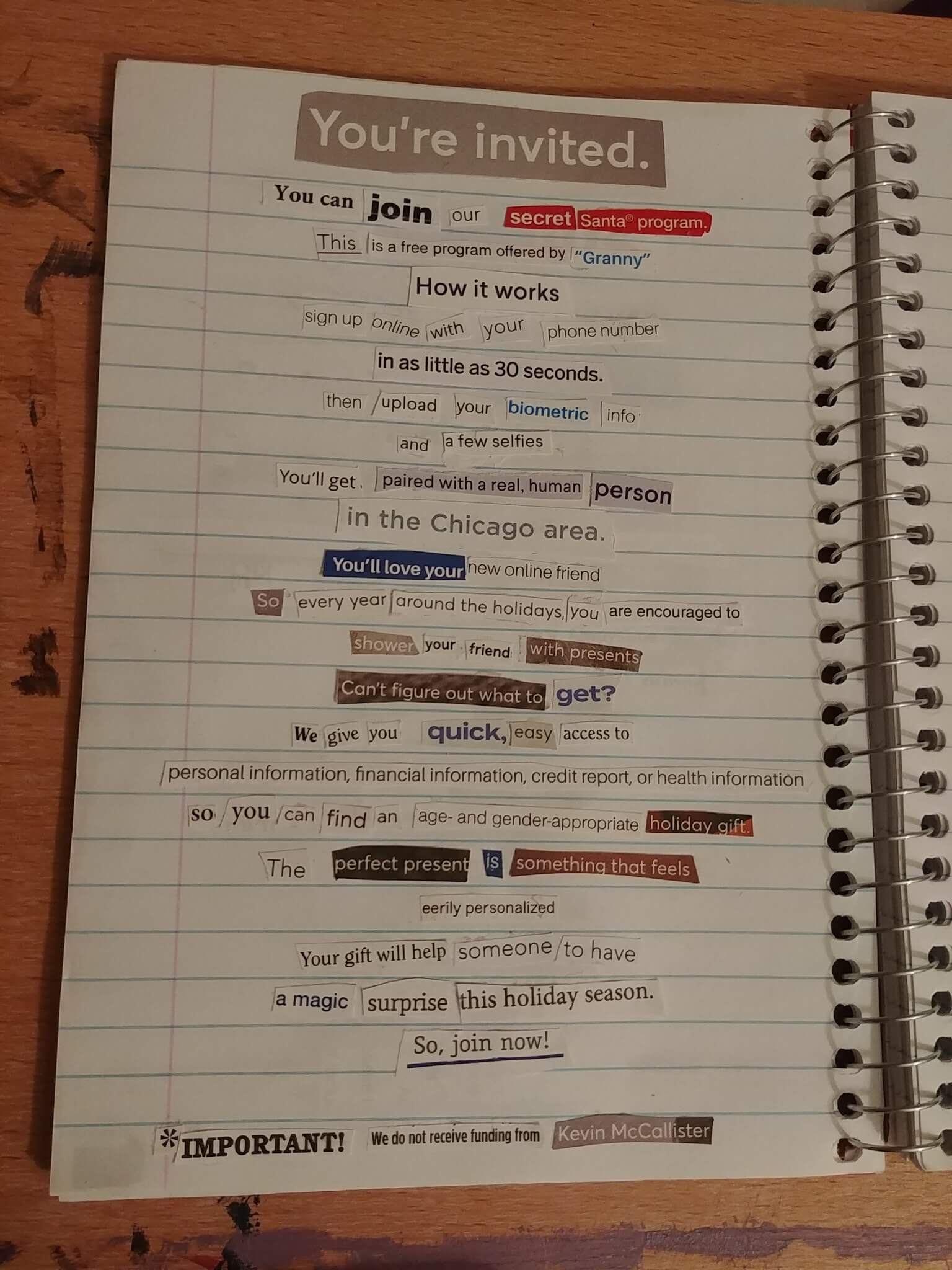 a poem collaged together from bits of text glued to lined paper, full transcription below