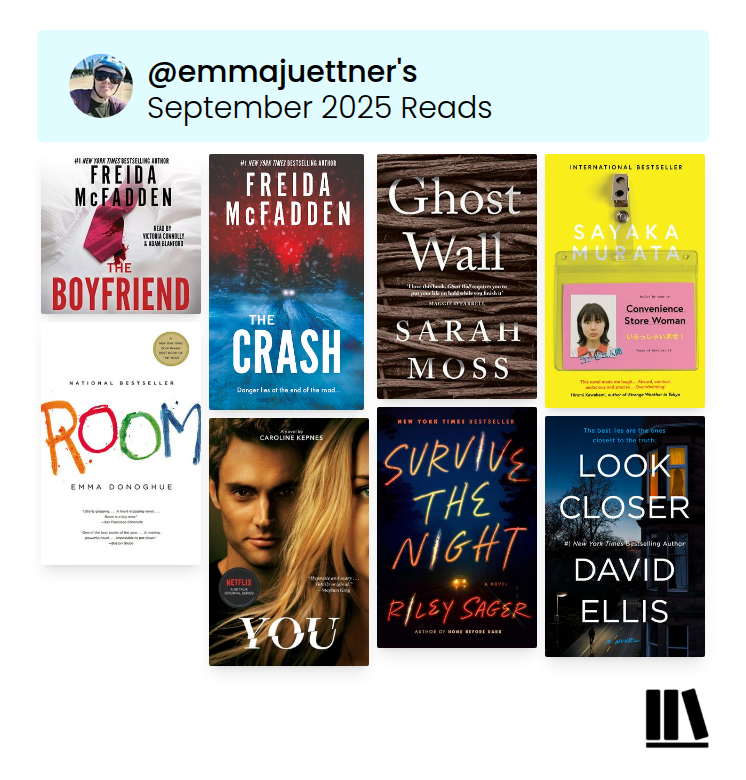 A Storygraph graphic with my username @emmajuettner, showing a collage of the covers of the books I read in September, which are listed in more detail in the article below.
